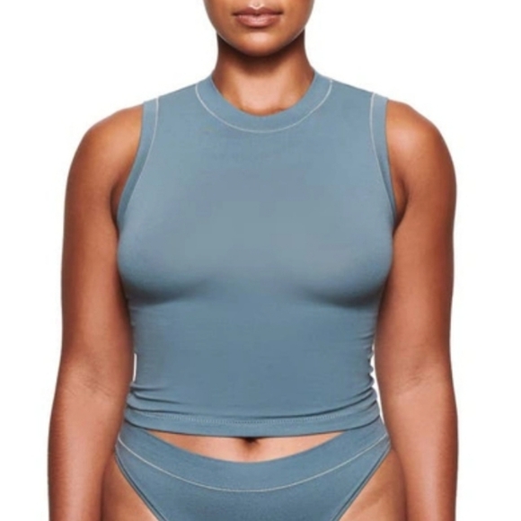 Skims Stretch Cotton Jersey Mock Neck Tank Tshirt Top Kyanite XSmall NWT - Picture 1 of 5
